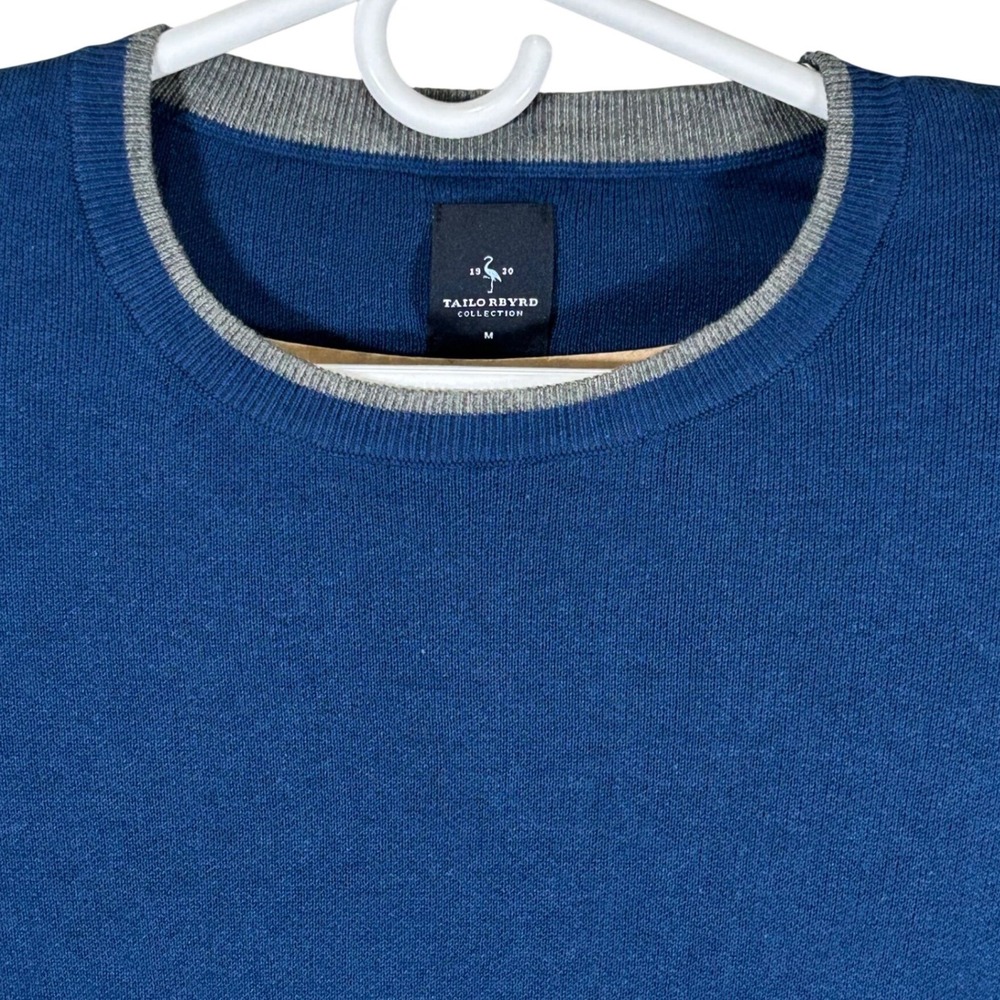 Tailorbyrd Collection Mens Blue Crewneck Sweater Grey Trim‎ Cotton Rayon Medium